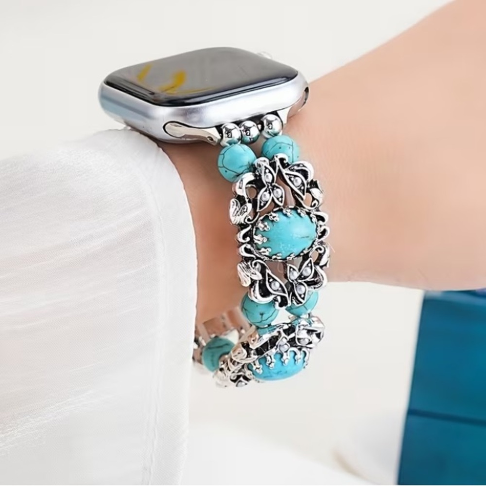 Turquoise Beaded Silver Accent Bracelet Watch Band - Women Jewelry